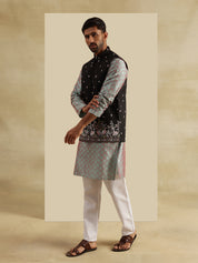 Men's Jacquard Silk Green Kurta and White Pyjama With Daman Embroidered Black Nehru Jacket