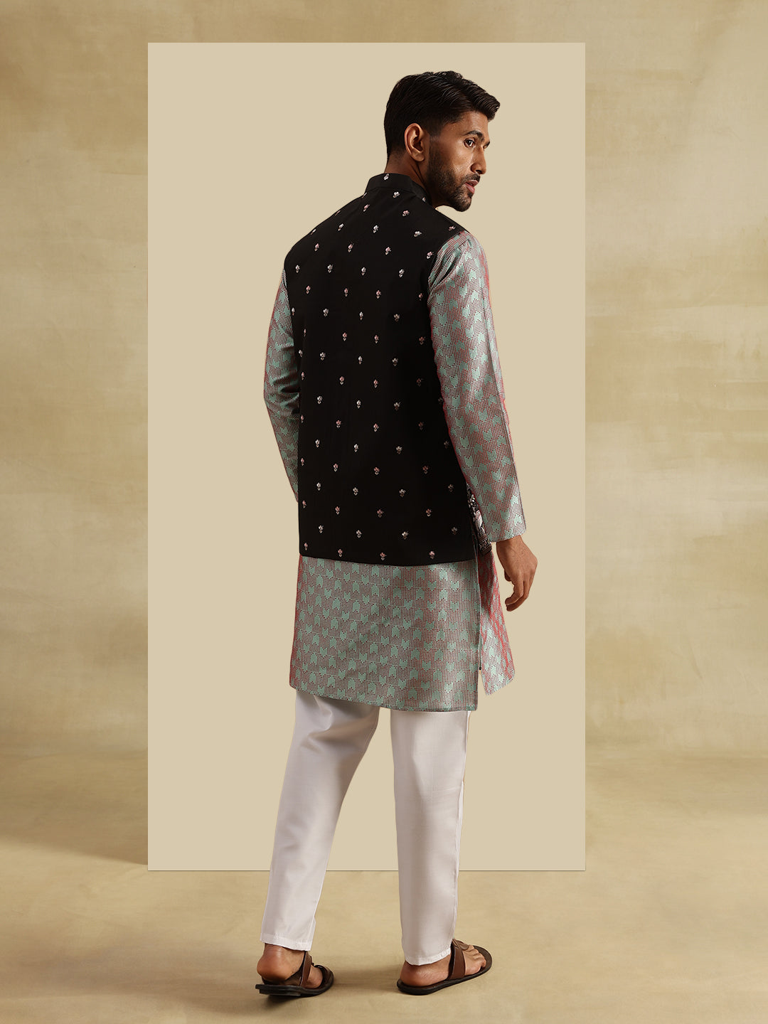 Men's Jacquard Silk Green Kurta and White Pyjama With Daman Embroidered Black Nehru Jacket
