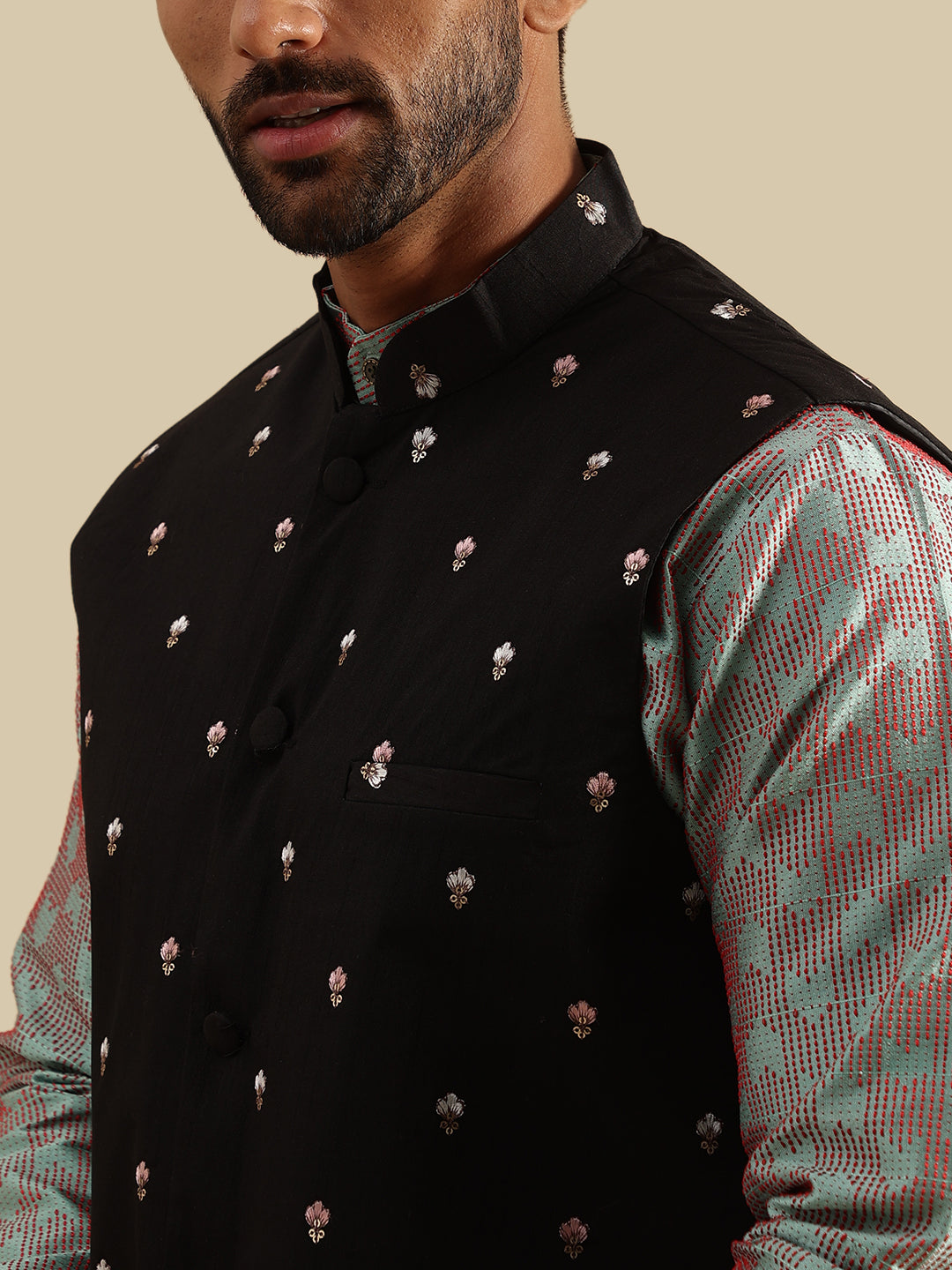 Men's Jacquard Silk Green Kurta and White Pyjama With Daman Embroidered Black Nehru Jacket