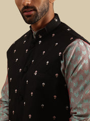 Men's Jacquard Silk Green Kurta and White Pyjama With Daman Embroidered Black Nehru Jacket