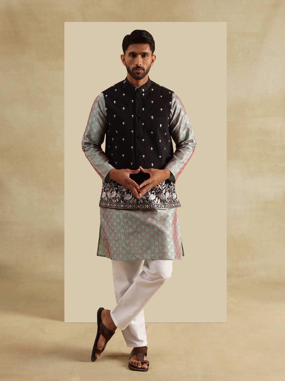 Men's Jacquard Silk Green Kurta and White Pyjama With Daman Embroidered Black Nehru Jacket