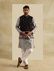 Men's Jacquard Silk Green Kurta and White Pyjama With Daman Embroidered Black Nehru Jacket