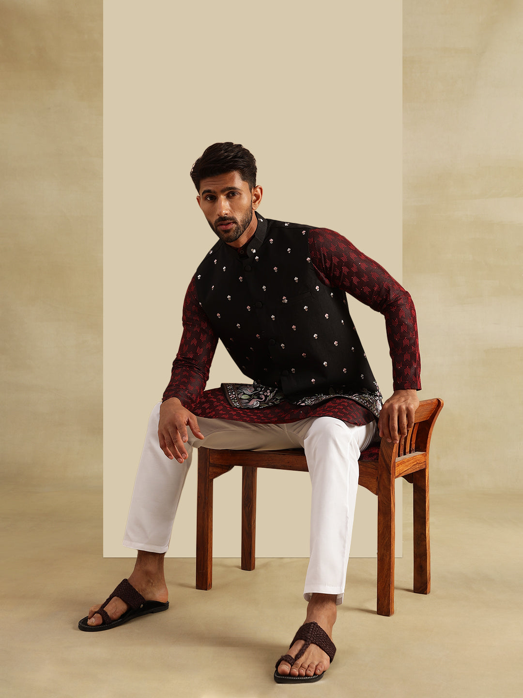 Men's Jacquard Silk Red Kurta and White Pyjama With Daman Embroidered Black Nehru Jacket