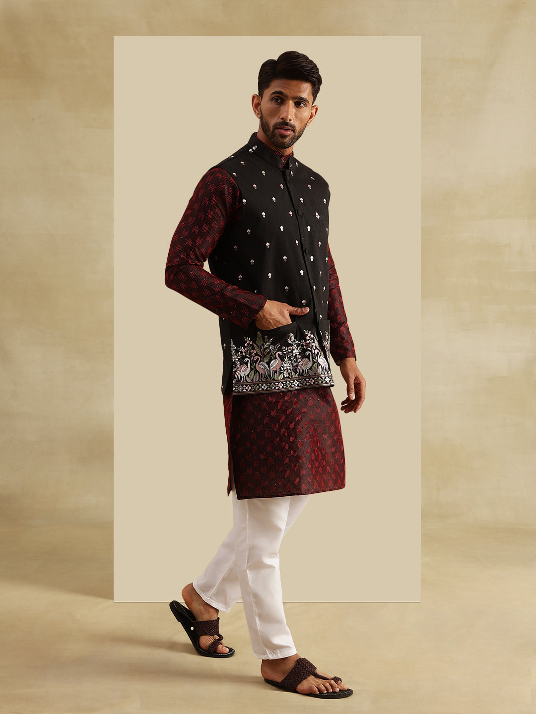 Men's Jacquard Silk Red Kurta and White Pyjama With Daman Embroidered Black Nehru Jacket