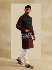 Men's Jacquard Silk Red Kurta and White Pyjama With Daman Embroidered Black Nehru Jacket