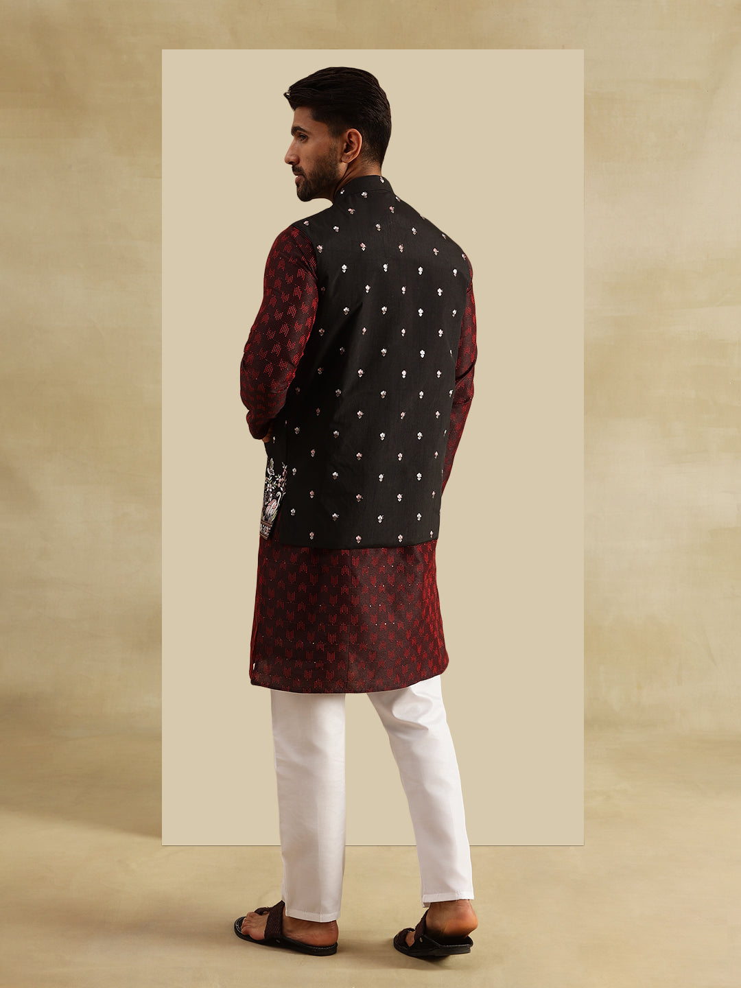 Men's Jacquard Silk Red Kurta and White Pyjama With Daman Embroidered Black Nehru Jacket