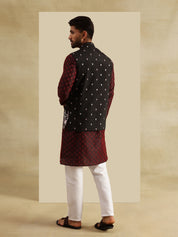 Men's Jacquard Silk Red Kurta and White Pyjama With Daman Embroidered Black Nehru Jacket