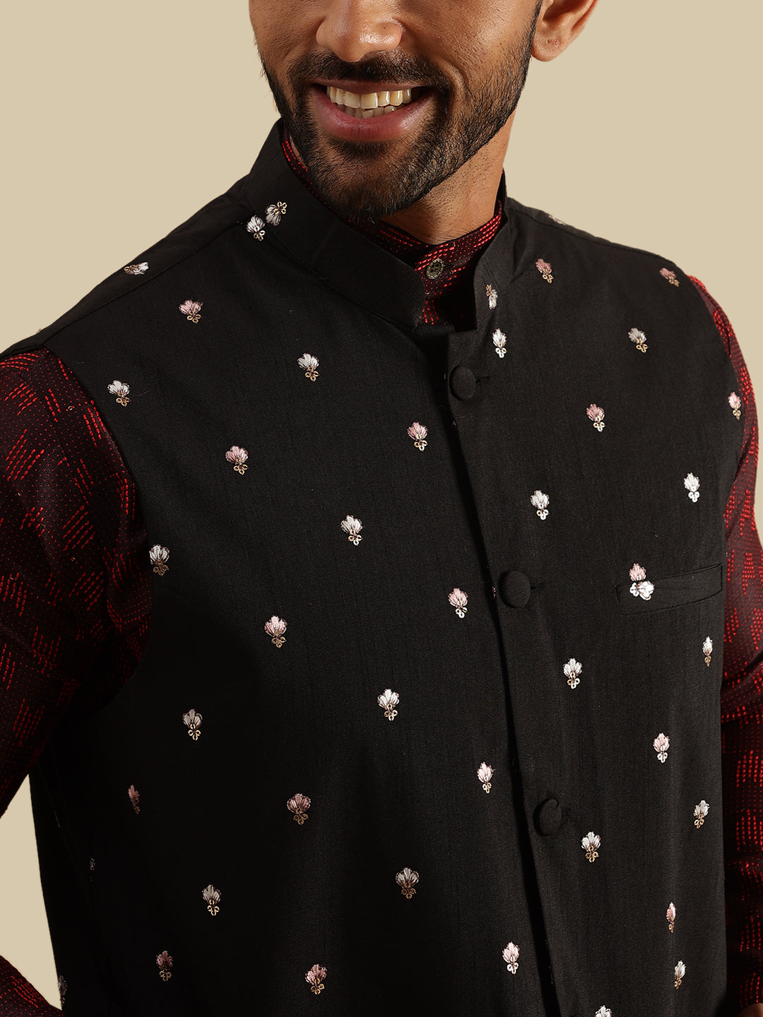 Men's Jacquard Silk Red Kurta and White Pyjama With Daman Embroidered Black Nehru Jacket
