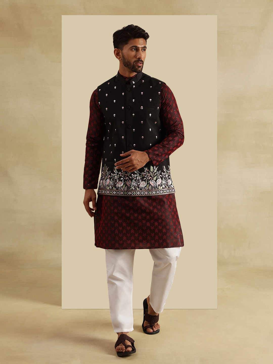 Men's Jacquard Silk Red Kurta and White Pyjama With Daman Embroidered Black Nehru Jacket