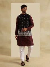 Men's Jacquard Silk Red Kurta and White Pyjama With Daman Embroidered Black Nehru Jacket