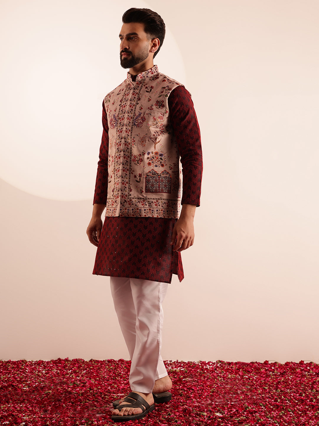 Men's Jacquard Silk Red Kurta & White Pyjama With Velvet Paisley Maroon Nehru Jacket