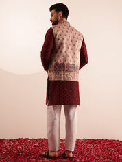 Men's Jacquard Silk Red Kurta & White Pyjama With Velvet Paisley Maroon Nehru Jacket