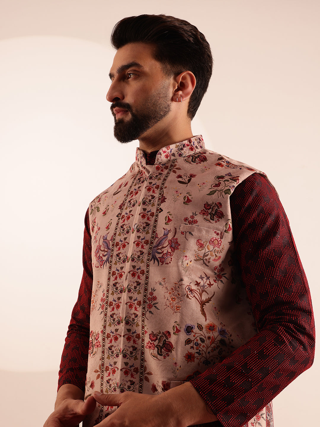 Men's Jacquard Silk Red Kurta & White Pyjama With Velvet Paisley Maroon Nehru Jacket