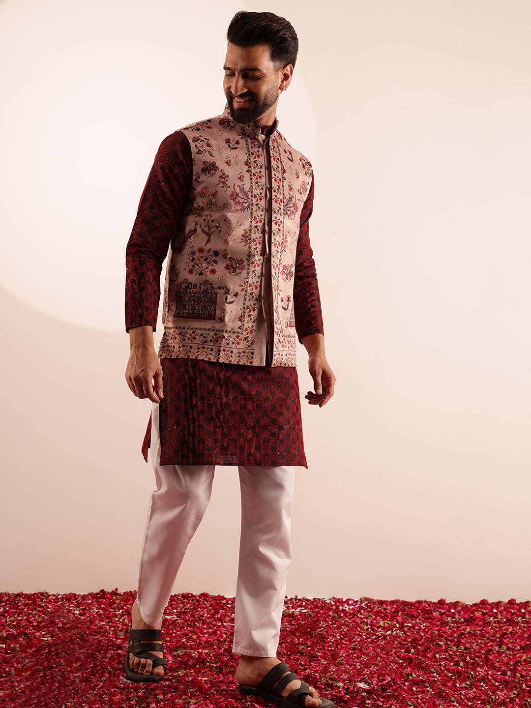 Men's Jacquard Silk Red Kurta & White Pyjama With Velvet Paisley Maroon Nehru Jacket