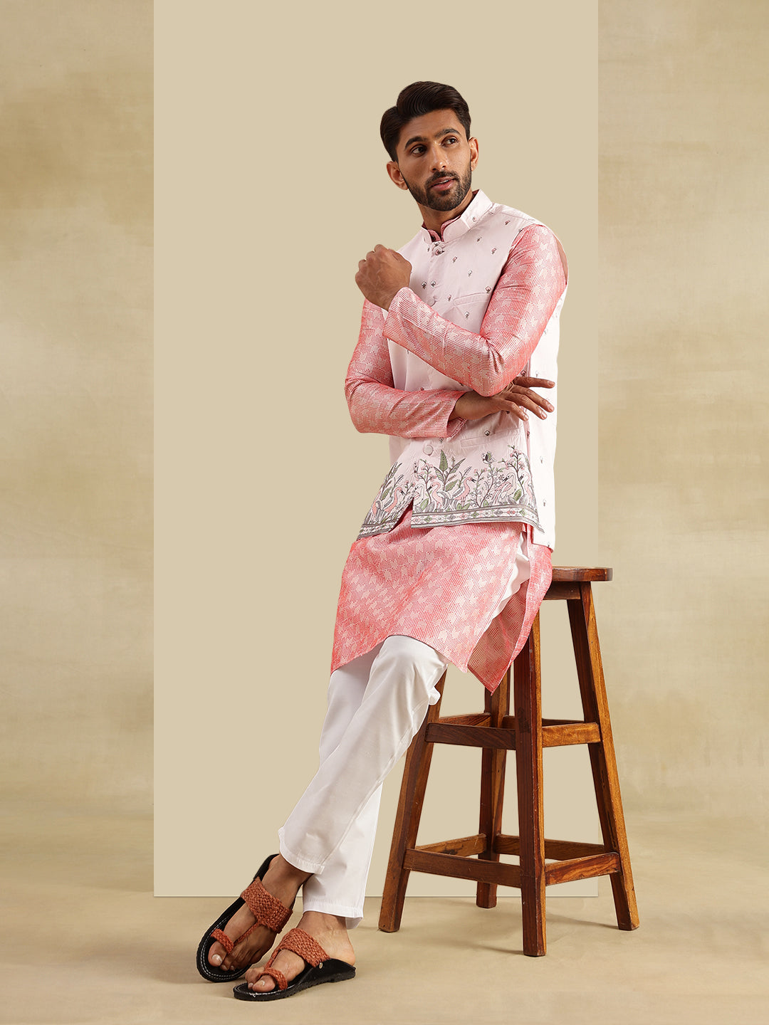 Men's Jacquard Silk Peach Kurta & White Pyjama With Daman Embroidered Pink Nehru Jacket