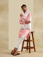 Men's Jacquard Silk Peach Kurta & White Pyjama With Daman Embroidered Pink Nehru Jacket
