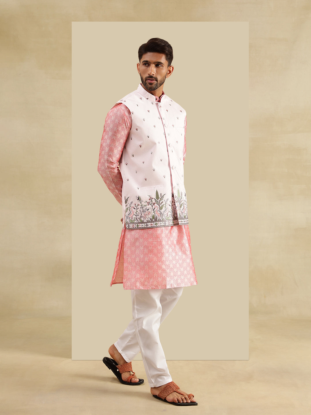 Men's Jacquard Silk Peach Kurta & White Pyjama With Daman Embroidered Pink Nehru Jacket