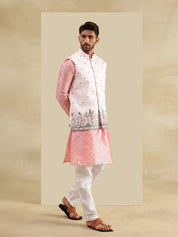 Men's Jacquard Silk Peach Kurta & White Pyjama With Daman Embroidered Pink Nehru Jacket