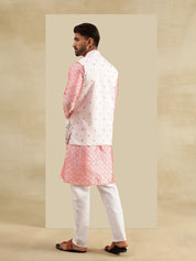 Men's Jacquard Silk Peach Kurta & White Pyjama With Daman Embroidered Pink Nehru Jacket