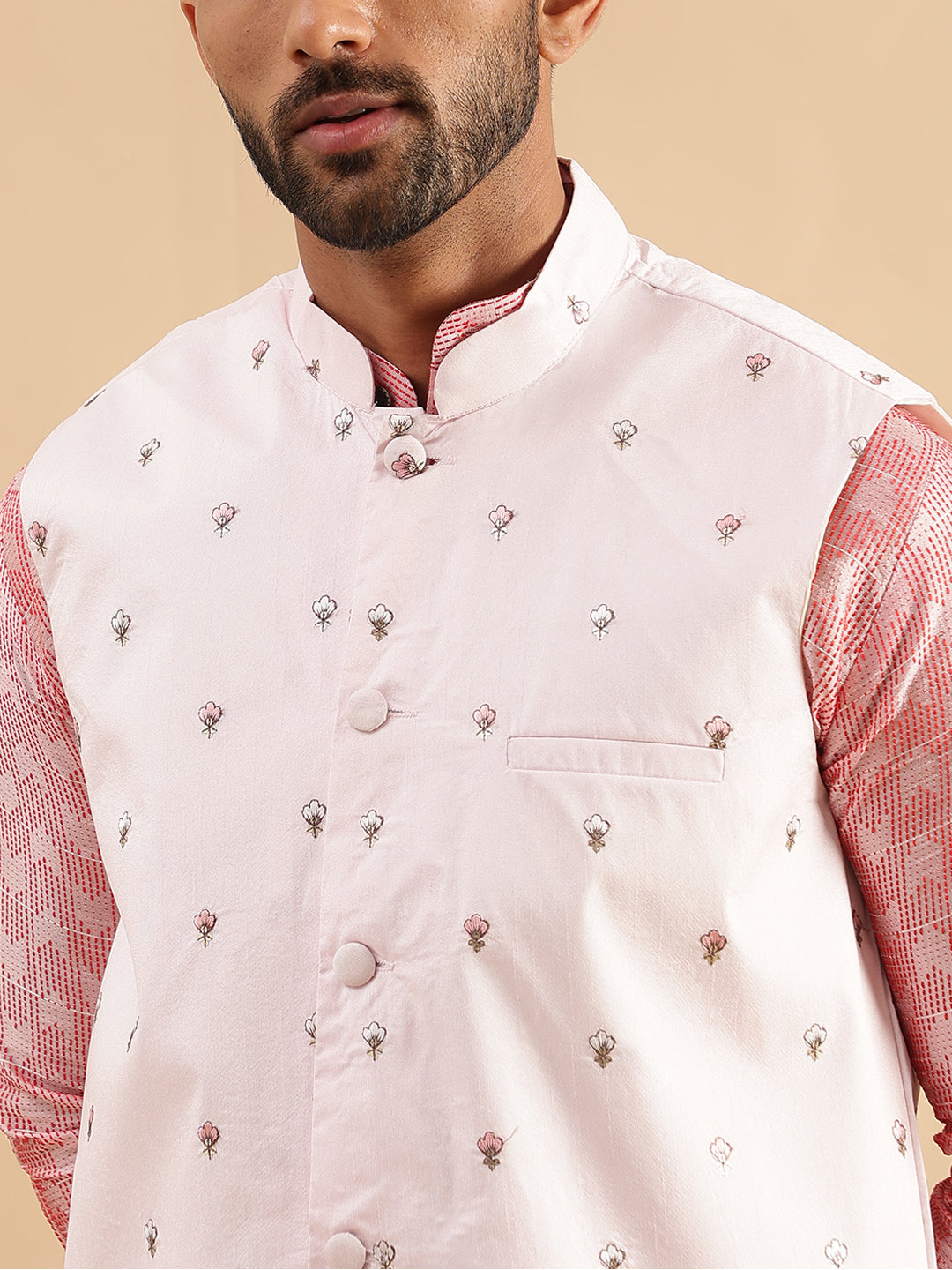 Men's Jacquard Silk Peach Kurta & White Pyjama With Daman Embroidered Pink Nehru Jacket