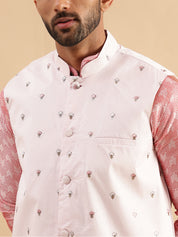 Men's Jacquard Silk Peach Kurta & White Pyjama With Daman Embroidered Pink Nehru Jacket