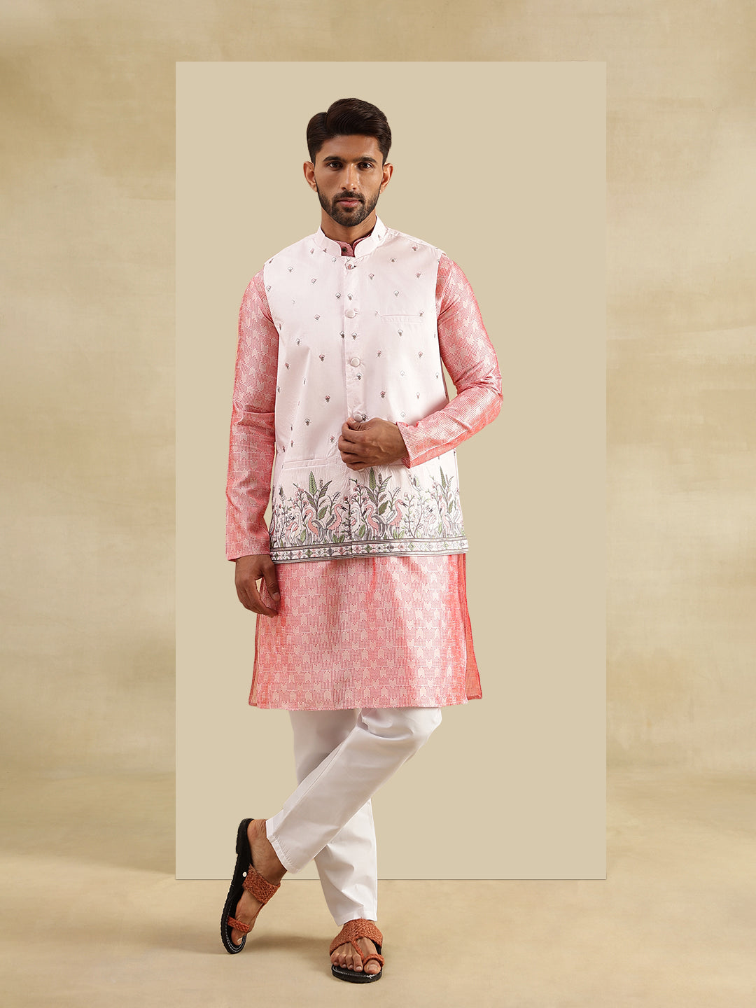 Men's Jacquard Silk Peach Kurta & White Pyjama With Daman Embroidered Pink Nehru Jacket