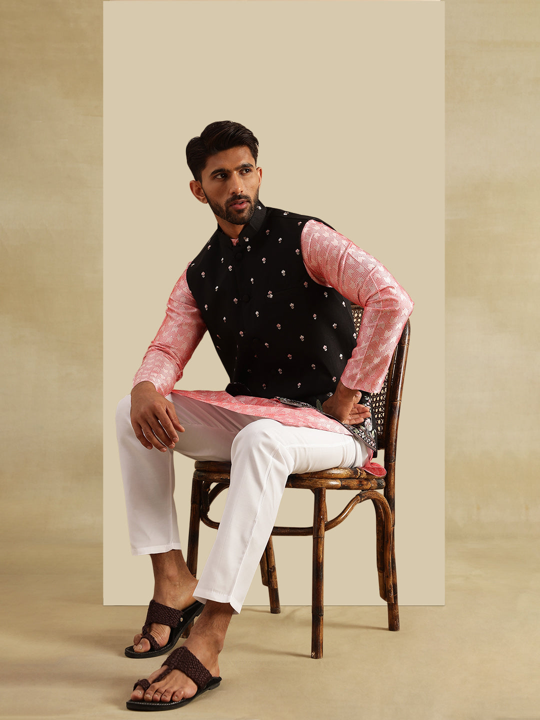 Men's Jacquard Silk Peach Kurta and White Pyjama With Daman Embroidered Black Nehru Jacket