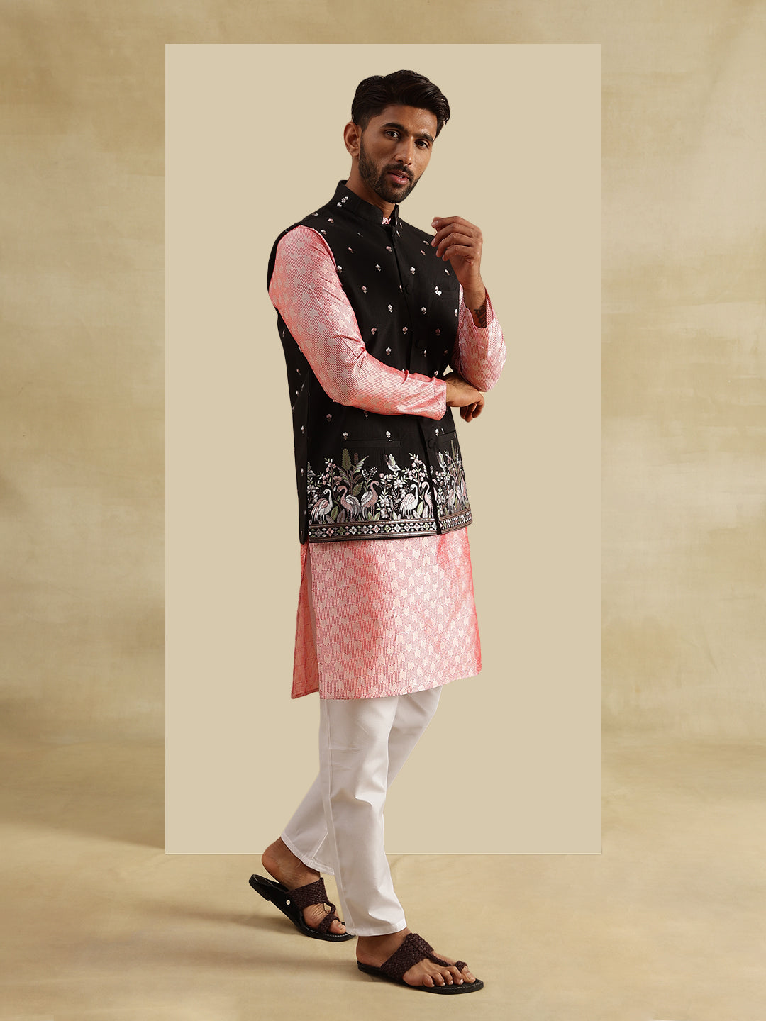 Men's Jacquard Silk Peach Kurta and White Pyjama With Daman Embroidered Black Nehru Jacket