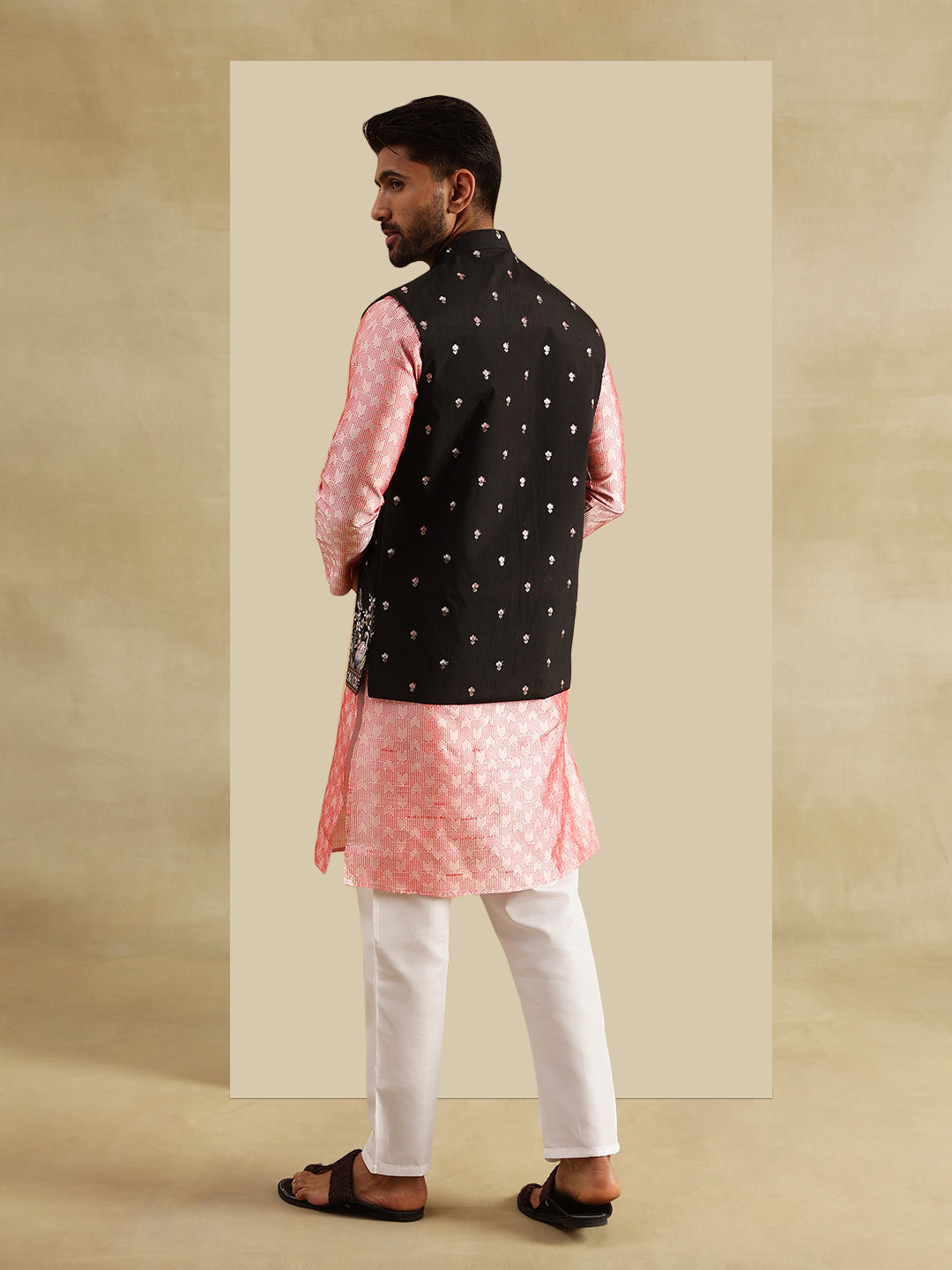 Men's Jacquard Silk Peach Kurta and White Pyjama With Daman Embroidered Black Nehru Jacket