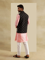 Men's Jacquard Silk Peach Kurta and White Pyjama With Daman Embroidered Black Nehru Jacket