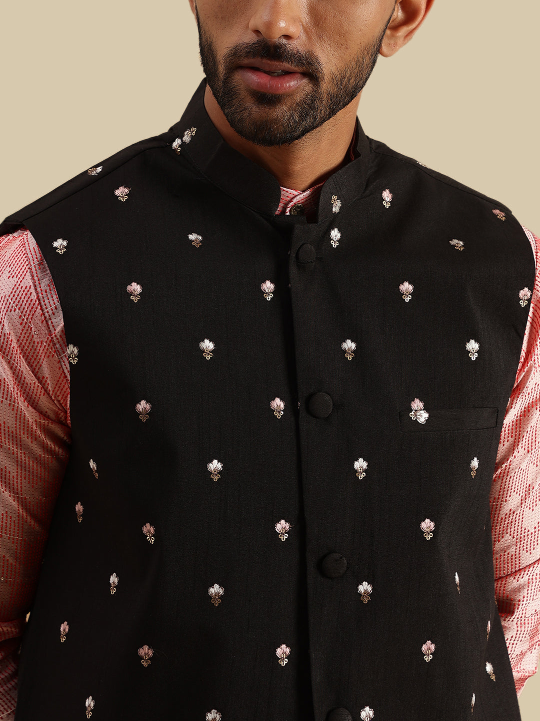 Men's Jacquard Silk Peach Kurta and White Pyjama With Daman Embroidered Black Nehru Jacket