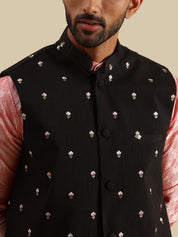 Men's Jacquard Silk Peach Kurta and White Pyjama With Daman Embroidered Black Nehru Jacket