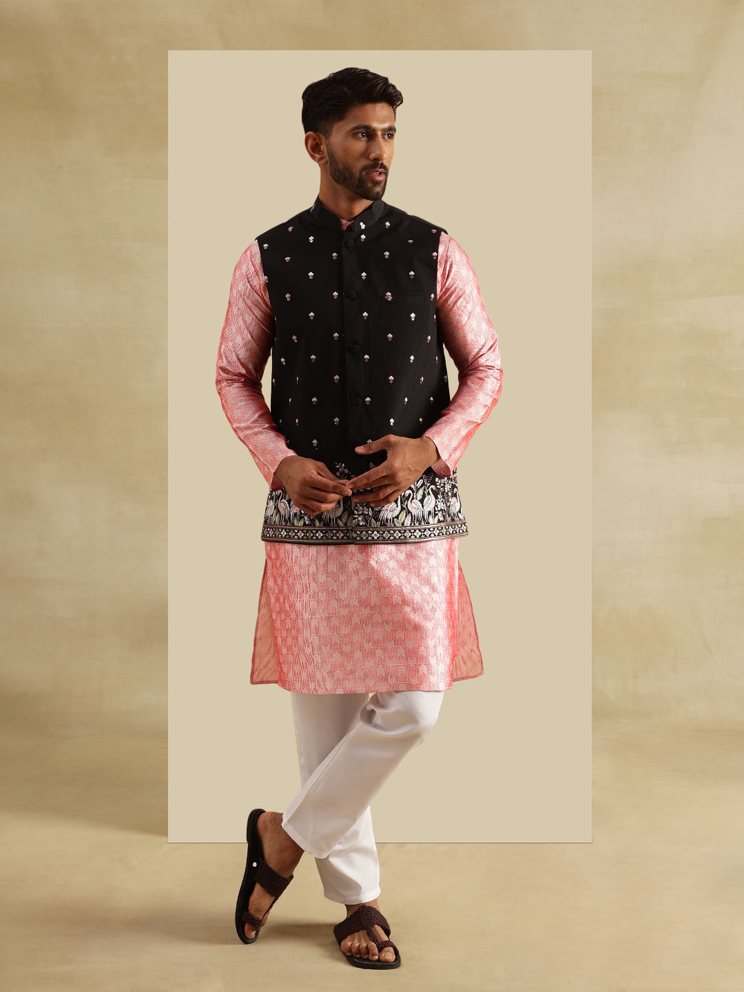 Men's Jacquard Silk Peach Kurta and White Pyjama With Daman Embroidered Black Nehru Jacket