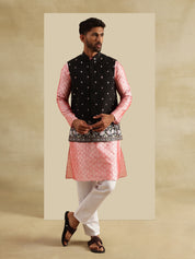 Men's Jacquard Silk Peach Kurta and White Pyjama With Daman Embroidered Black Nehru Jacket