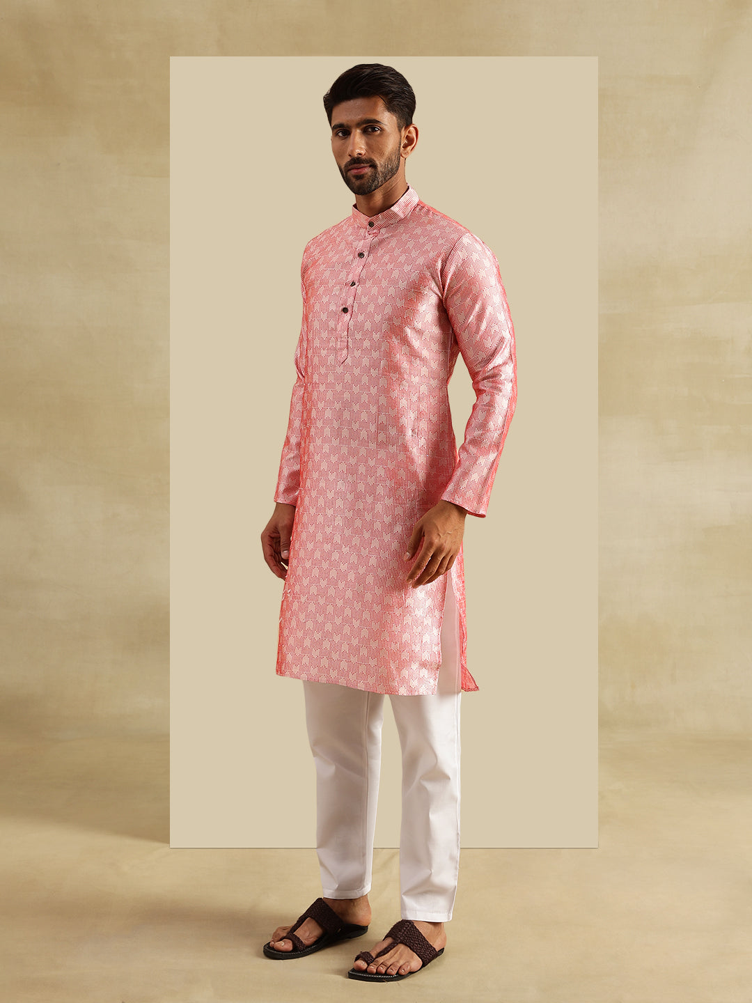 Men's Jacquard Silk Peach Kurta and White Pyjama With Daman Embroidered Black Nehru Jacket