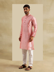 Men's Jacquard Silk Peach Kurta and White Pyjama With Daman Embroidered Black Nehru Jacket