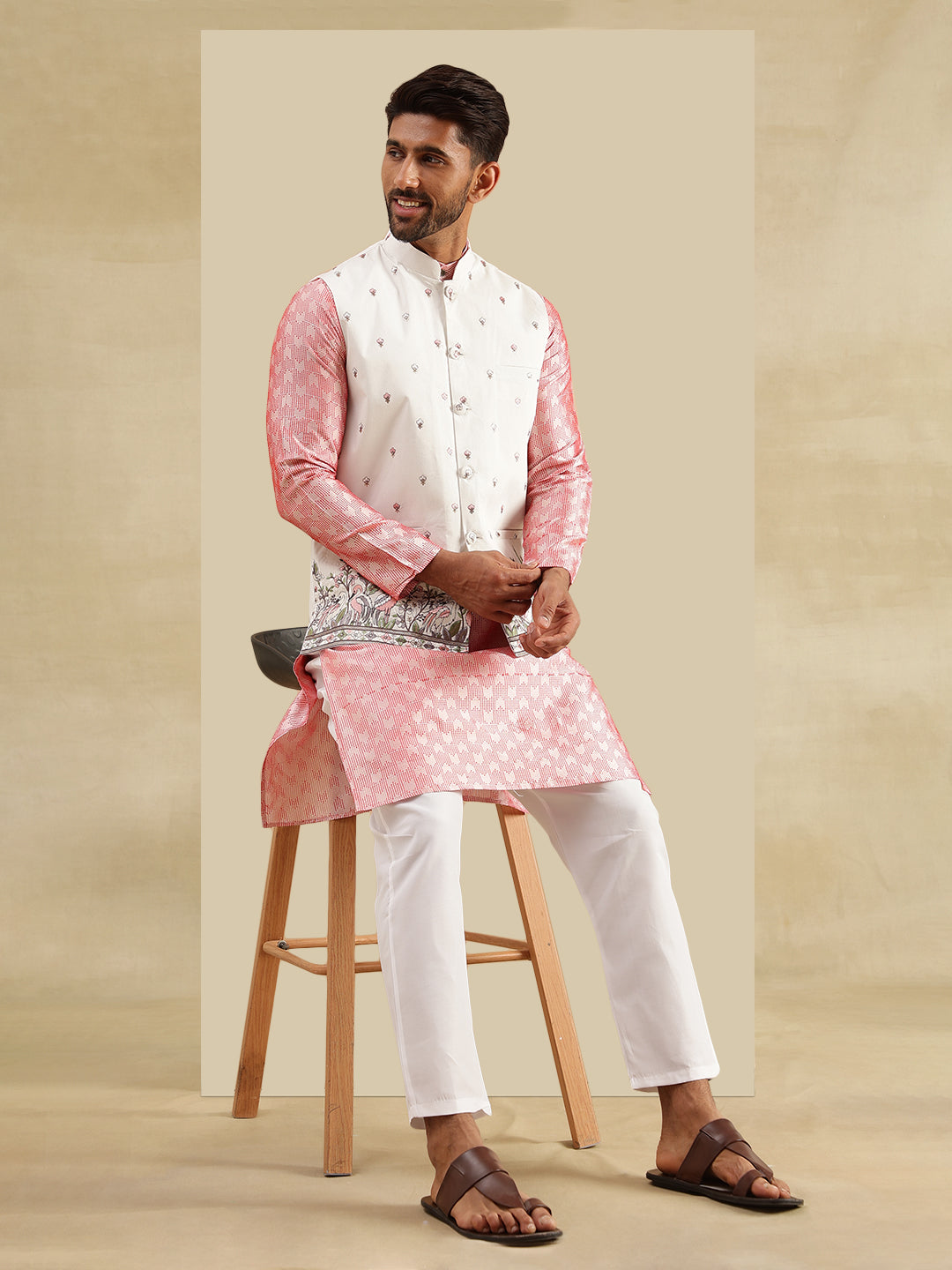 Men's Jacquard Silk Peach Kurta & White Pyjama With Daman Embroidered Cream Nehru Jacket