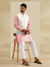 Men's Jacquard Silk Peach Kurta & White Pyjama With Daman Embroidered Cream Nehru Jacket