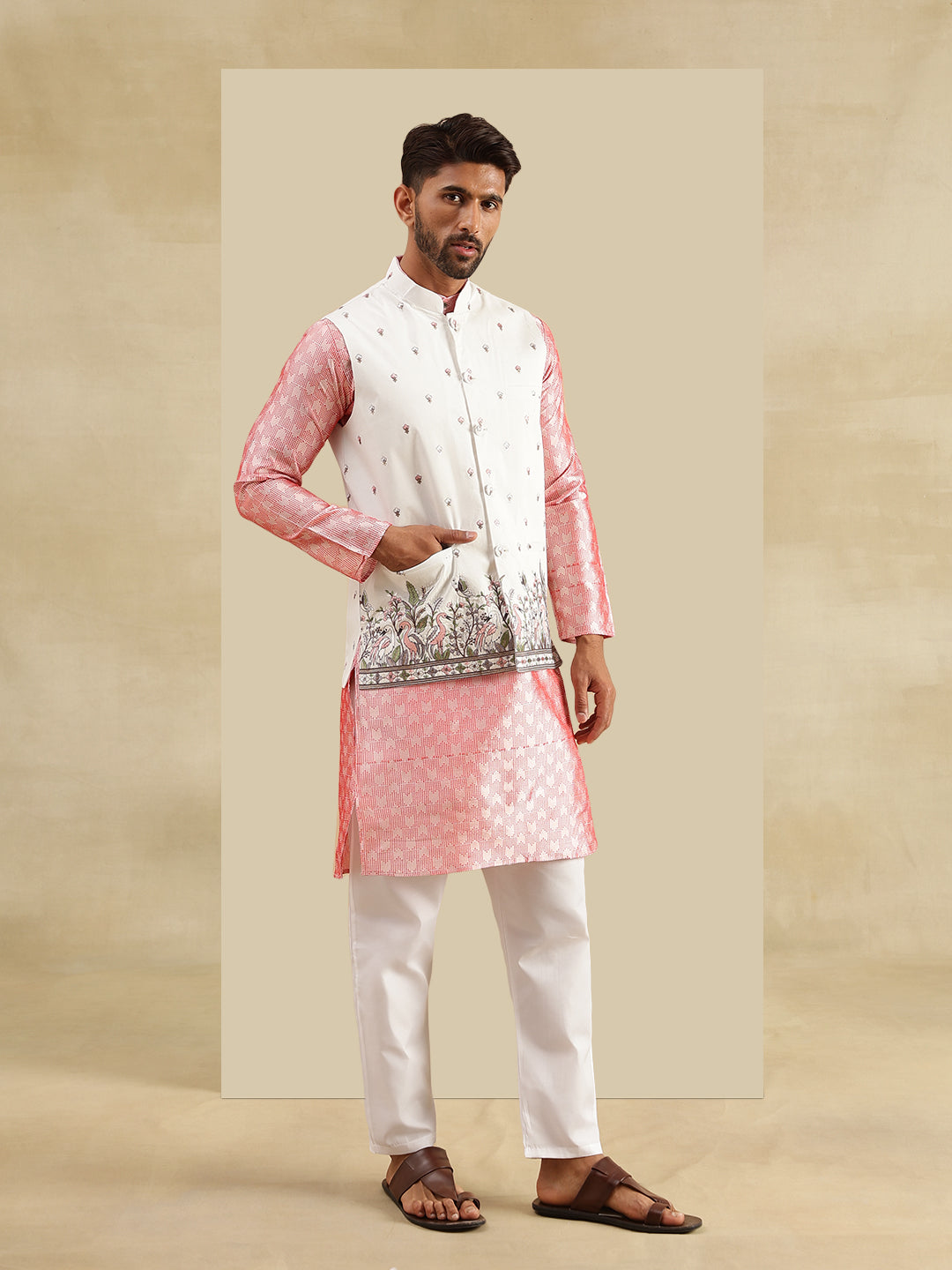 Men's Jacquard Silk Peach Kurta & White Pyjama With Daman Embroidered Cream Nehru Jacket
