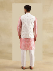 Men's Jacquard Silk Peach Kurta & White Pyjama With Daman Embroidered Cream Nehru Jacket
