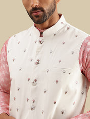 Men's Jacquard Silk Peach Kurta & White Pyjama With Daman Embroidered Cream Nehru Jacket