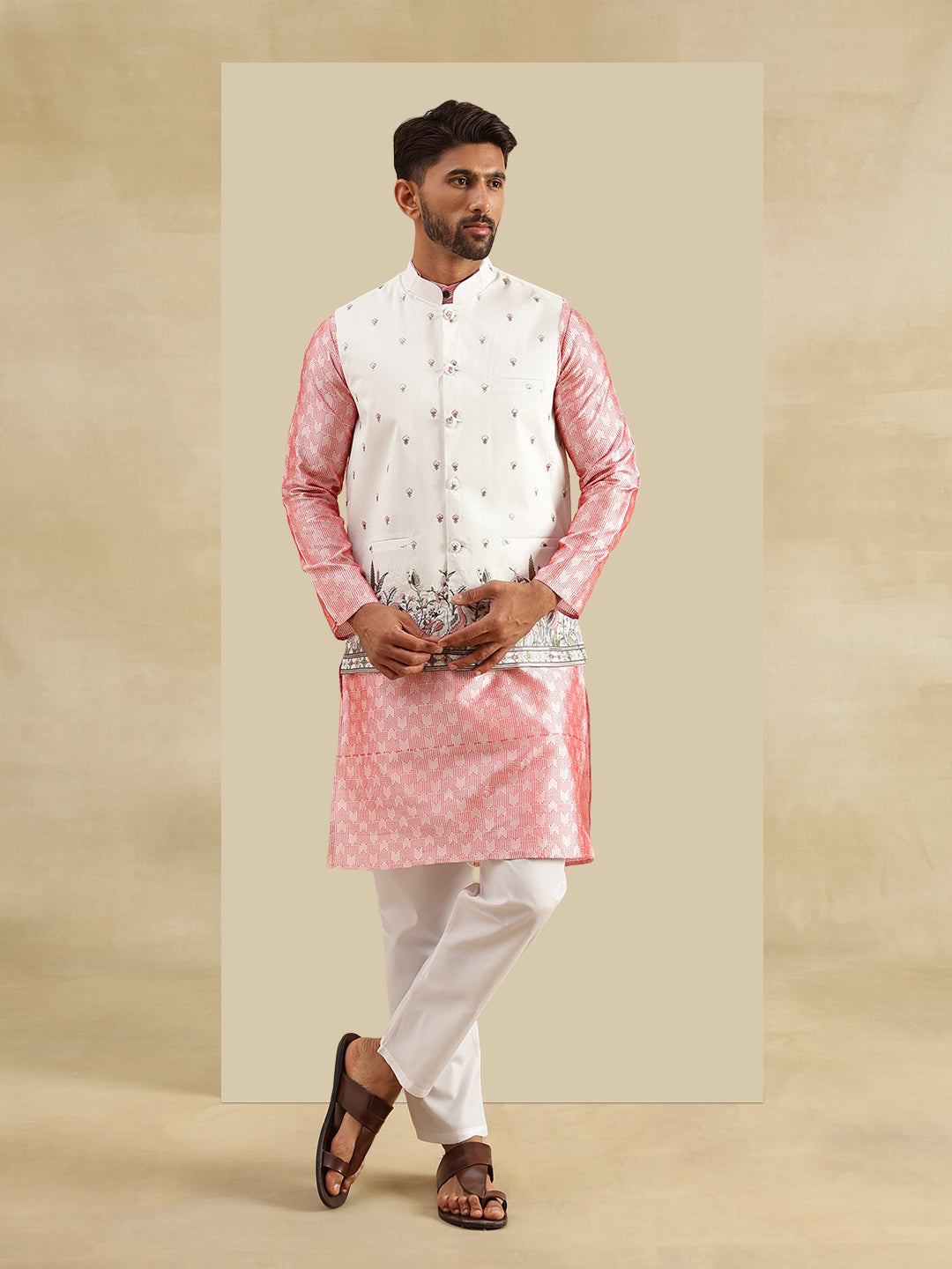Men's Jacquard Silk Peach Kurta & White Pyjama With Daman Embroidered Cream Nehru Jacket