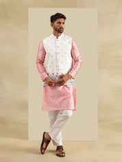 Men's Jacquard Silk Peach Kurta & White Pyjama With Daman Embroidered Cream Nehru Jacket