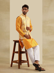 Men's Jacquard Silk Yellow Kurta & White Pyjama With Jacquard Silk Yellow Nehru Jacket