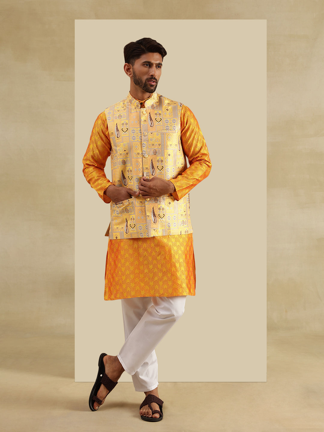 Men's Jacquard Silk Yellow Kurta & White Pyjama With Jacquard Silk Yellow Nehru Jacket