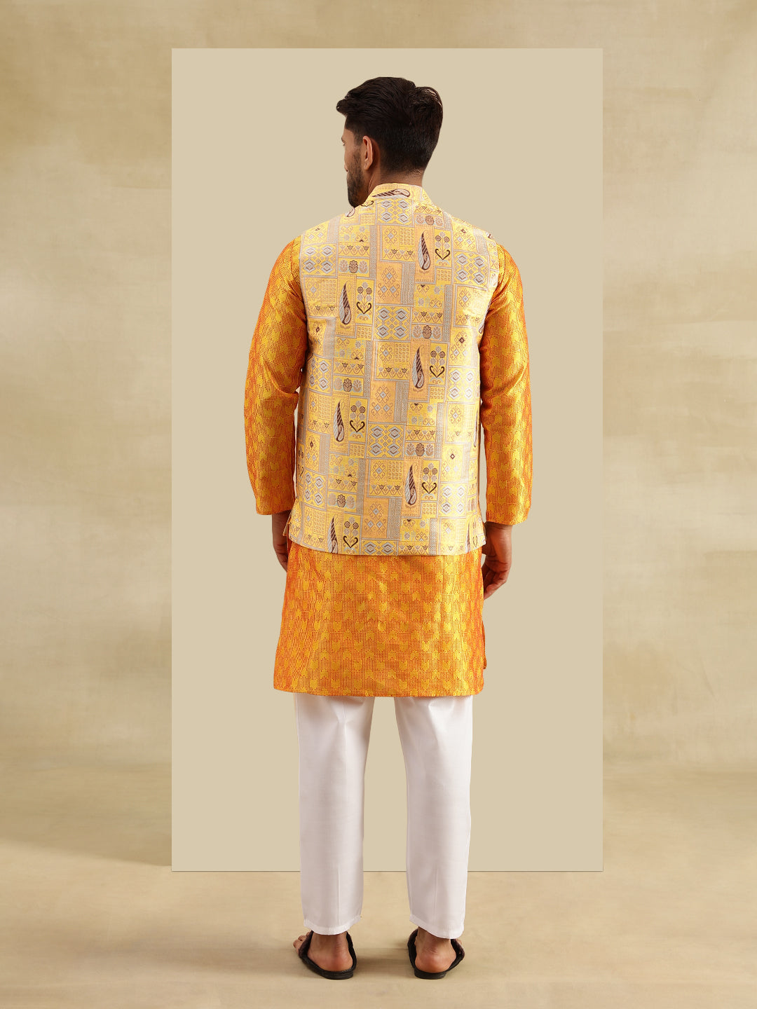 Men's Jacquard Silk Yellow Kurta & White Pyjama With Jacquard Silk Yellow Nehru Jacket