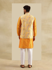 Men's Jacquard Silk Yellow Kurta & White Pyjama With Jacquard Silk Yellow Nehru Jacket