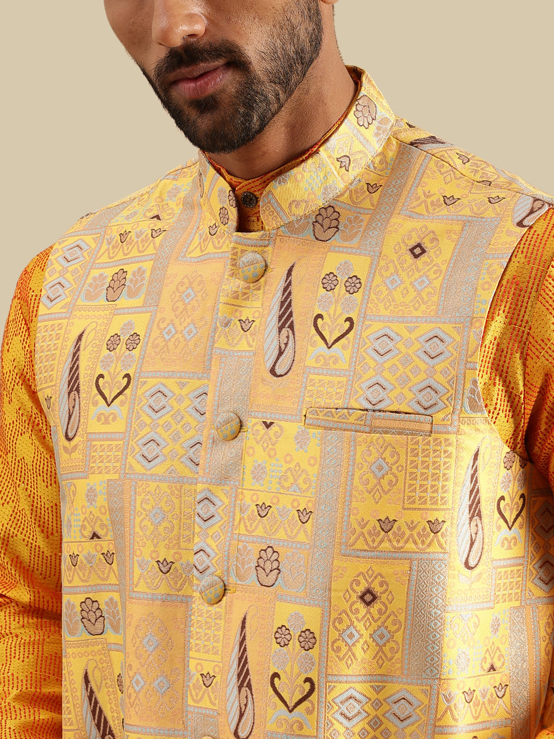 Men's Jacquard Silk Yellow Kurta & White Pyjama With Jacquard Silk Yellow Nehru Jacket
