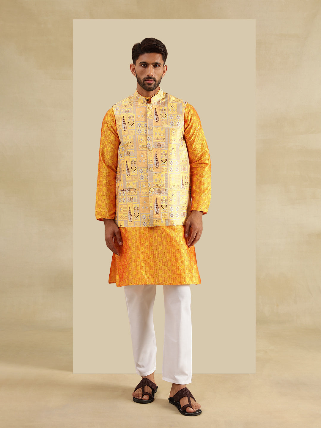 Men's Jacquard Silk Yellow Kurta & White Pyjama With Jacquard Silk Yellow Nehru Jacket