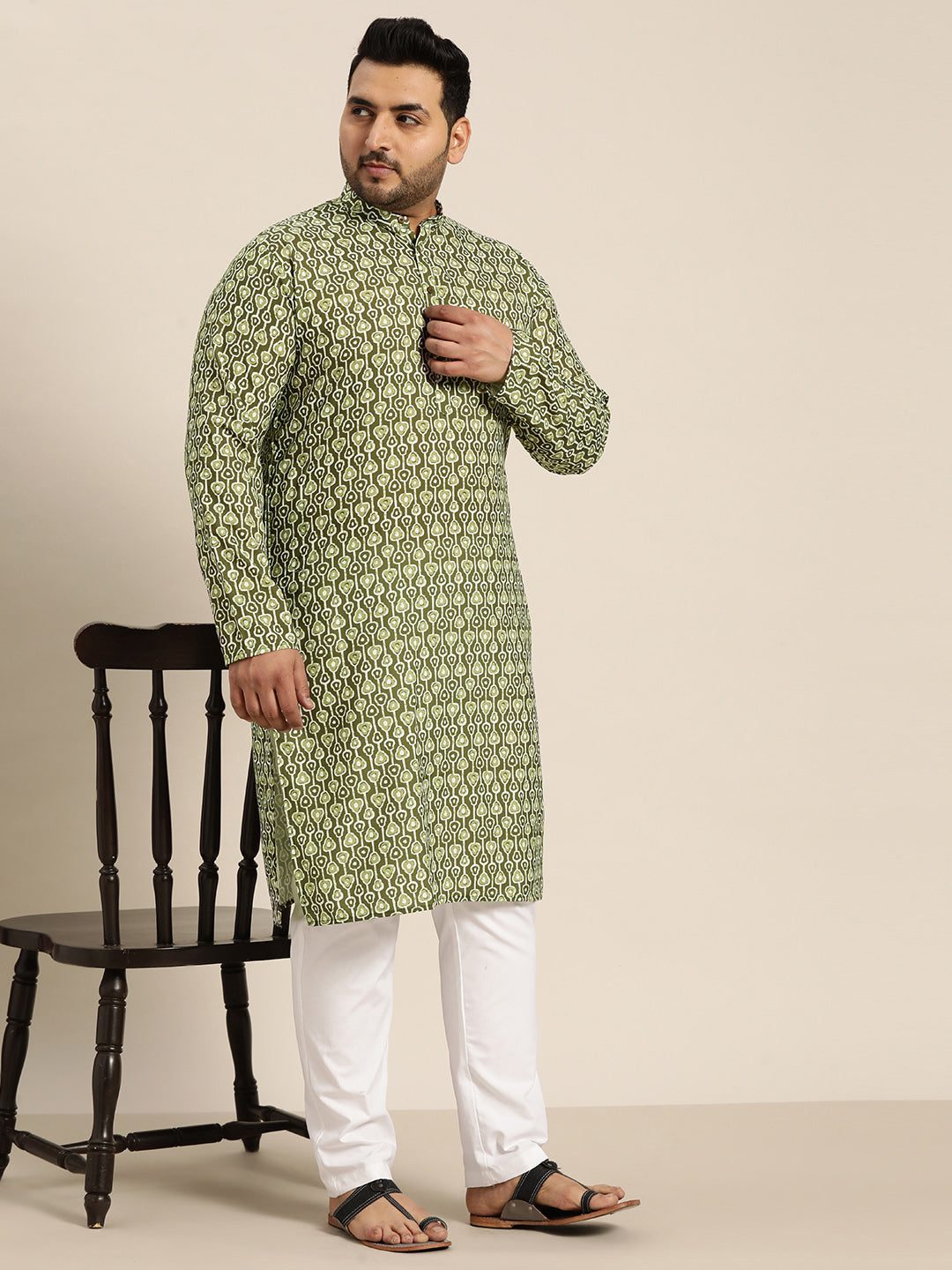 Men's Cotton Mehendi and White Printed Only Long Kurta